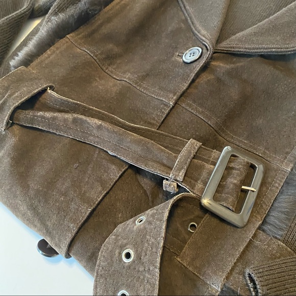 Vintage Brown Suede Sweater Coat Fur Collar Trench Coat M - Picture 10 of 13